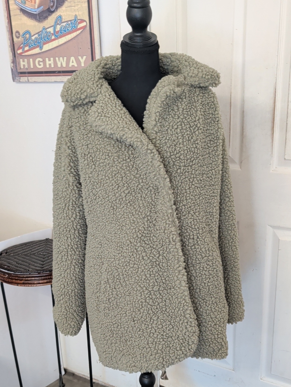 Lucky Brand Army Green Faux Shearling Teddy Snap Button Coat Jacket Women M